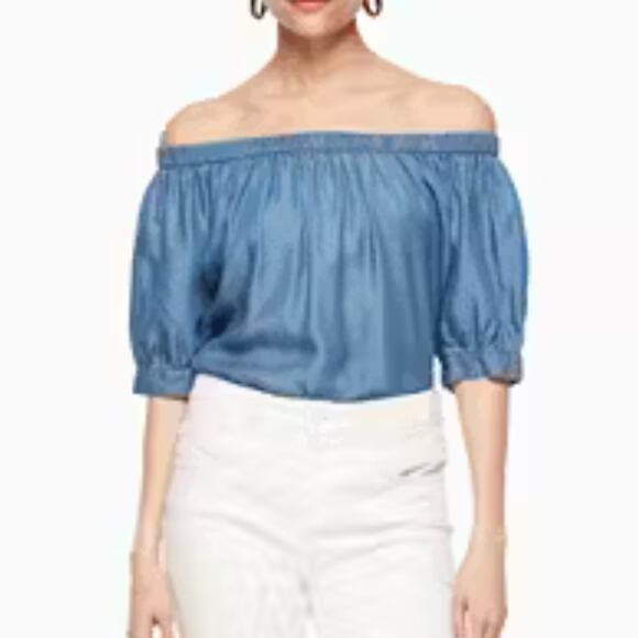 Broome Street Kate Spade Blue Soft Chambray Off The Shoulder Short Sleeve Top - Picture 3 of 14